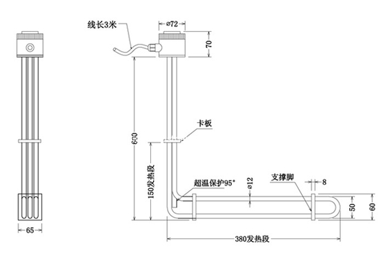 PTFE Tubular Immersion Heater Element 415V 3P 2KW