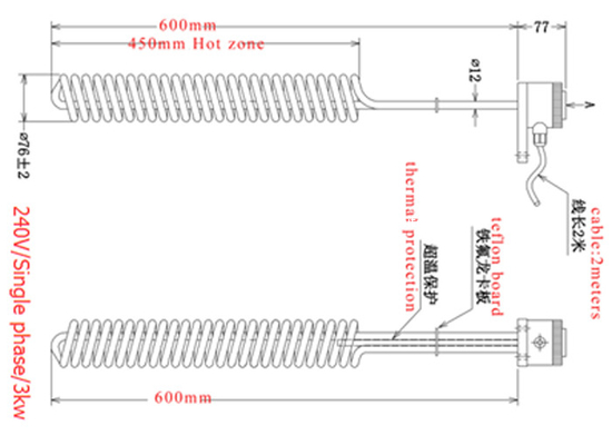 Anti Corrosion Tubular PTFE Coated Immersion Water Heater For Electroplating Industry
